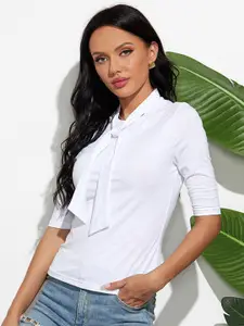 URBANIC Women White Solid T-shirt with Tie-Up Neck Detail