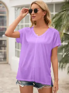 URBANIC Women Lavender V-Neck Relaxed Fit Extended Sleeves T-shirt