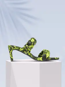 CORSICA Women Fluorescent Green & Black Snake Textured Block Heels with Braided Detail