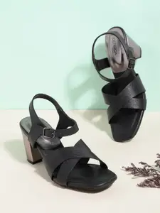 CORSICA Black Solid Block Heels with Criss-Cross Detail