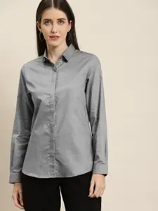 Hancock Women Grey Solid Oxford Slim Fit Formal Shirt