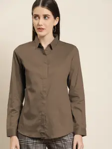 Hancock Women Brown Solid Slim Fit Pure Cotton Satin Formal Shirt