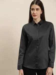 Hancock Women Grey Solid Slim Fit Pure Cotton Satin Formal Shirt