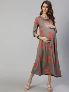 Anubhutee Grey & Pink Floral Maternity A-Line Midi Dress