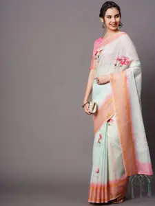 Mitera Sea Green & Pink Floral Printed Linen Blend Saree