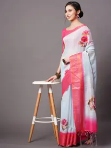 Mitera Blue & Gold-Toned Floral Printed Zari Border Saree