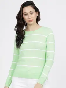 Tokyo Talkies Women Green & White Striped Pullover
