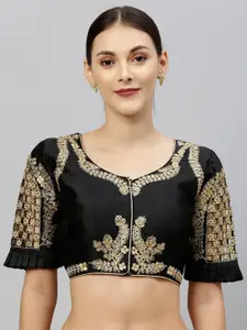 Amrutam Fab Black & Gold-Coloured Embroidered Raw Silk Saree Blouse