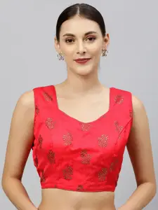 Amrutam Fab Pink & Gold-Coloured Printed Raw Silk Saree Blouse