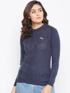JUMP USA Women Navy Blue Self Designed Pullover Sweater