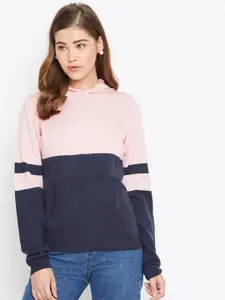 JUMP USA Women Pink & Navy Blue Colourblocked Pullover Sweater