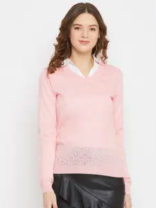 JUMP USA Women Pink Self Designed Pullover Sweater