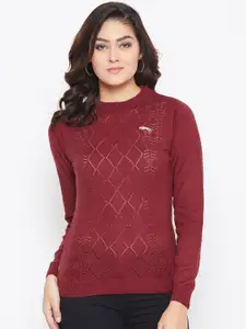 JUMP USA Women Red Self Designed Pullover Sweater
