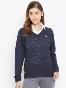 JUMP USA Women Navy Blue Self Designed Pullover Sweater