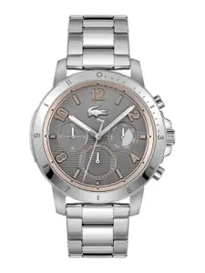 Lacoste Men Grey Brass Dial & Silver Toned Stainless Steel Bracelet Style Straps Analogue Multi Function Watch