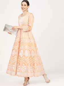 Vishudh Orange Chanderi Layered Ethnic Maxi Dress