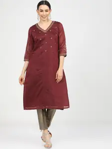 Vishudh Women Maroon Geometric Embroidered Thread Work Kurta