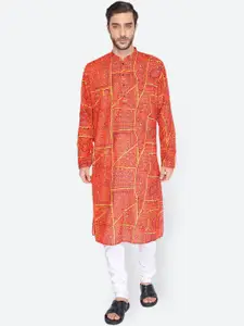 NAMASKAR Men Red Pathani Cotton Linen Printed Kurta