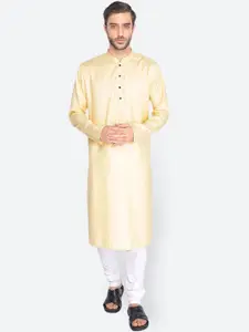 NAMASKAR Men Beige Cotton Linen Self Design Kurta