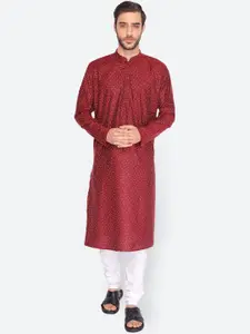 NAMASKAR Men Maroon Cotton Blend Printed Kurta