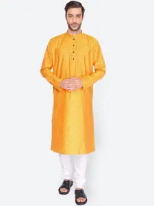 NAMASKAR Men Yellow & Red Cotton Blend Printed Kurta