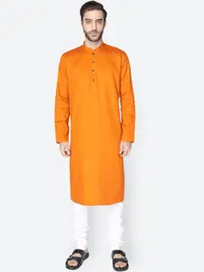 NAMASKAR Men Orange Solid Cotton Linen Kurta