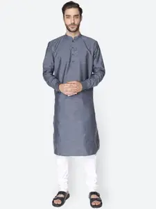 NAMASKAR Men Grey Solid Cotton Blend Kurta