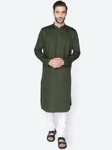 NAMASKAR Men Green Cotton Linen Solid Pathani Kurta