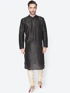 NAMASKAR Men Black & Gold Dupion Silk Printed Kurta
