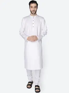 NAMASKAR Men White Cotton Linen Solid Kurta