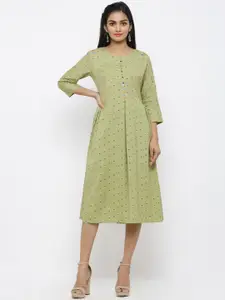 Maaesa Green Floral Ethnic A-Line Midi Dress