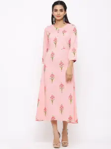 Maaesa Pink Floral Printed A-Line Midi Cotton Dress