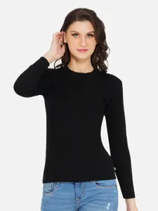 FABNEST Women Black Ribbed Pullover Sweater