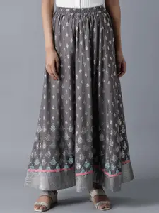 elleven Women Grey & Silver-Coloured Printed Flared Maxi Skirt