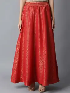 Elleven Women Red & Beige Self-Design Flared Skirt