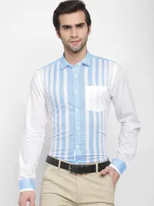 cape canary Men Blue & White Opaque Striped Cotton Formal Shirt
