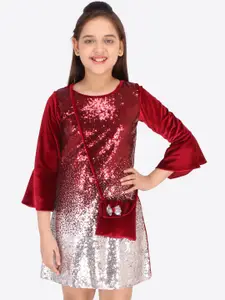 CUTECUMBER Girls Red & Silver-Toned Embellished Sequined A-Line Dress with Bag
