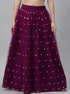 studio rasa Women Purple & Gold-Coloured Sequins Embellished Flared Net Maxi-Skirt