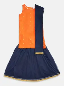 AKKRITI BY PANTALOONS Girls Orange & Navy Blue Printed Ready to Wear Lehenga & Blouse With Dupatta