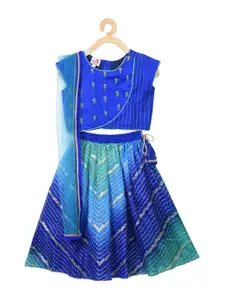 Here&Now X Kinder Kids Girls Blue & Green Embroidered Ready to Wear Lehenga & Blouse With Dupatta