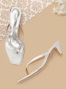 Anouk Women Silver-Toned Glitter Effect Handcrafted Kitten Heels