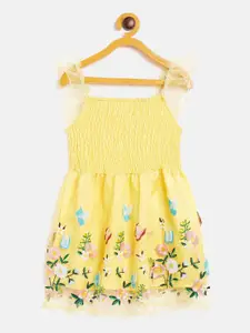 KIDKLO Yellow & Green Floral Embroidered Net Dress