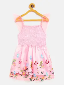KIDKLO Girls Pink & Yellow Floral Embroidered Net Dress