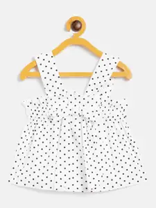 KIDKLO White Polka Dots Printed Pinafore Dress With Bow Detailing
