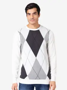 Allen Cooper Men White Melange & Grey Checked Pullover Sweater