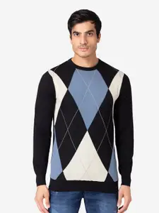 Allen Cooper Men Black & Blue Checked Pullover Sweater
