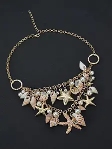 Yellow Chimes Yellow Chimes Gold-Toned & White Sea Shell Starfish Pearls Hanging Choker Necklace