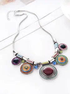 Yellow Chimes Blue & Purple Silver-Plated Circle Shaped Coin Choker Necklace