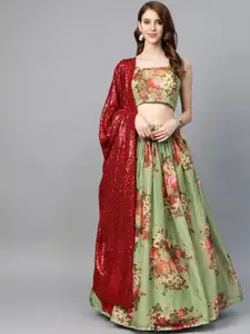 SHOPGARB Women Green & Maroon Printed Semi-Stitched Lehenga & Unstitched Blouse& Dupatta