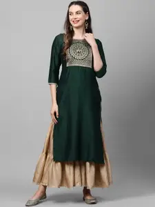Indo Era Women Green & Gold-Toned Ethnic Motifs Yoke Design Kurta